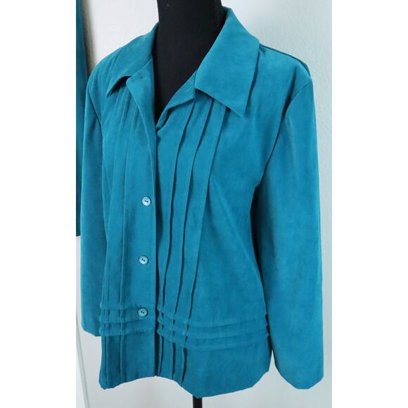 Vintage 90s KORET Teal Blue Green Microsuede Skirt Suit Set Jacket 14 Old Money - Picture 4 of 8